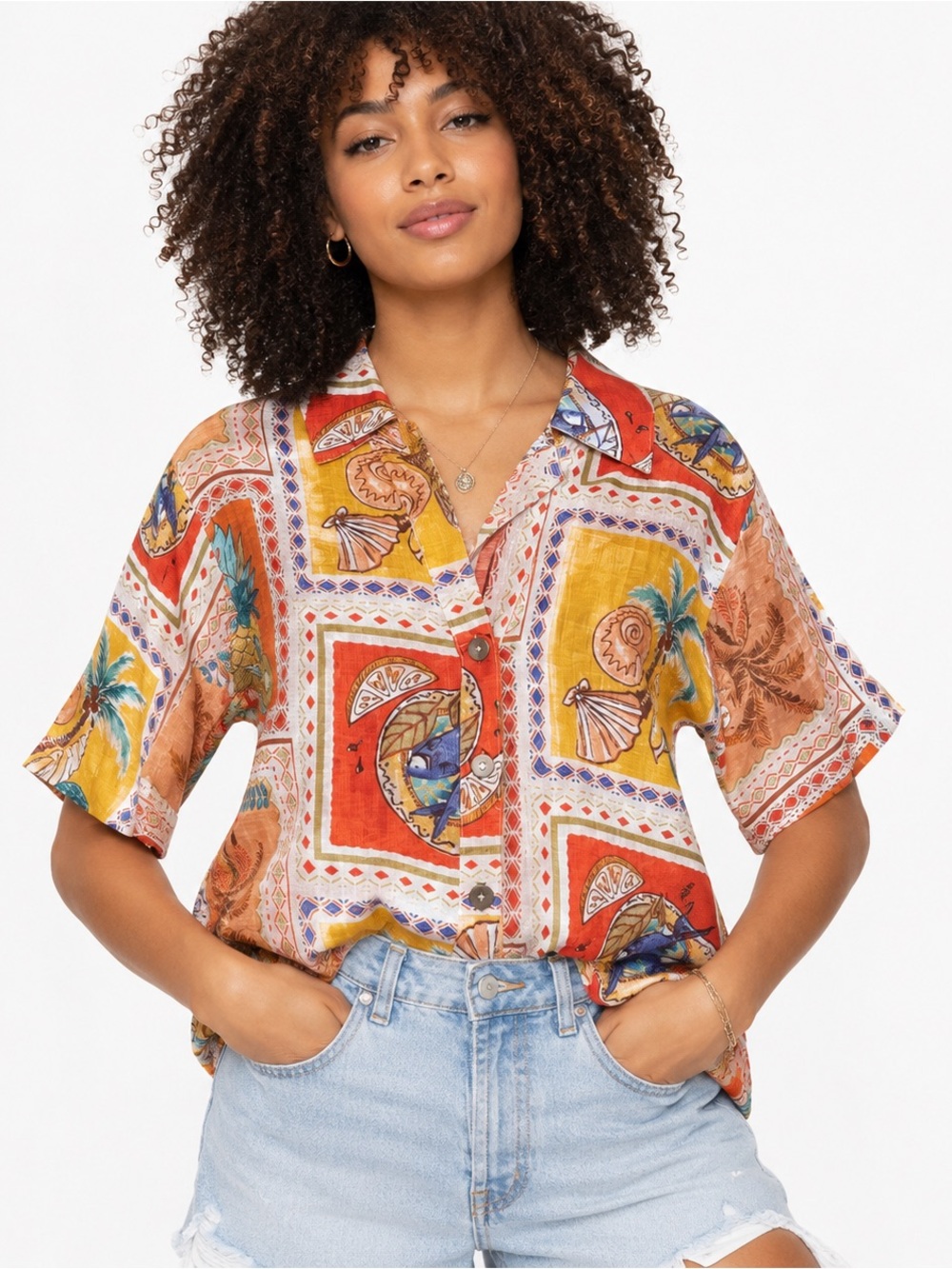 NWOT Haver London Short-Sleeve Tropical Patchwork Button-Up Shirt